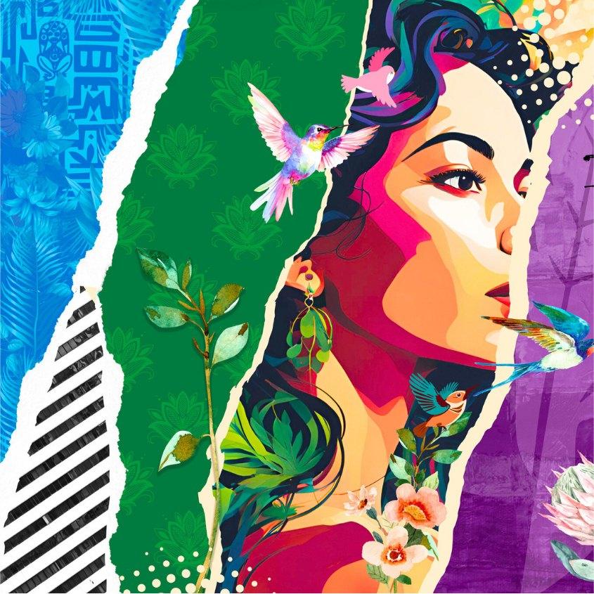 Torn-paper collage artwork of a woman with hummingbirds