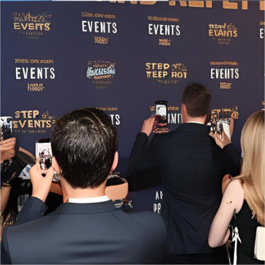 Guests photographing in front of a step and repeat backdrop