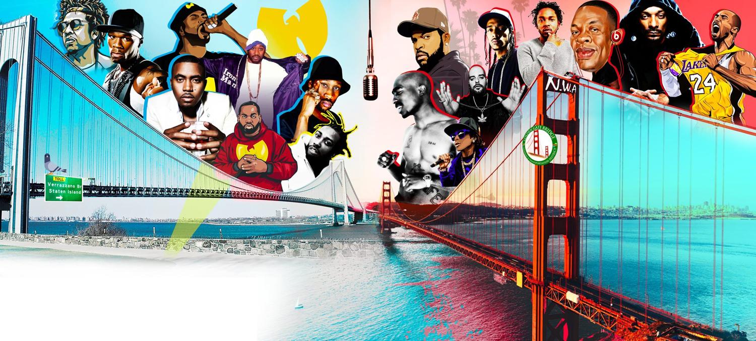 East Coast and West Coast hip-hop legends mural with bridges