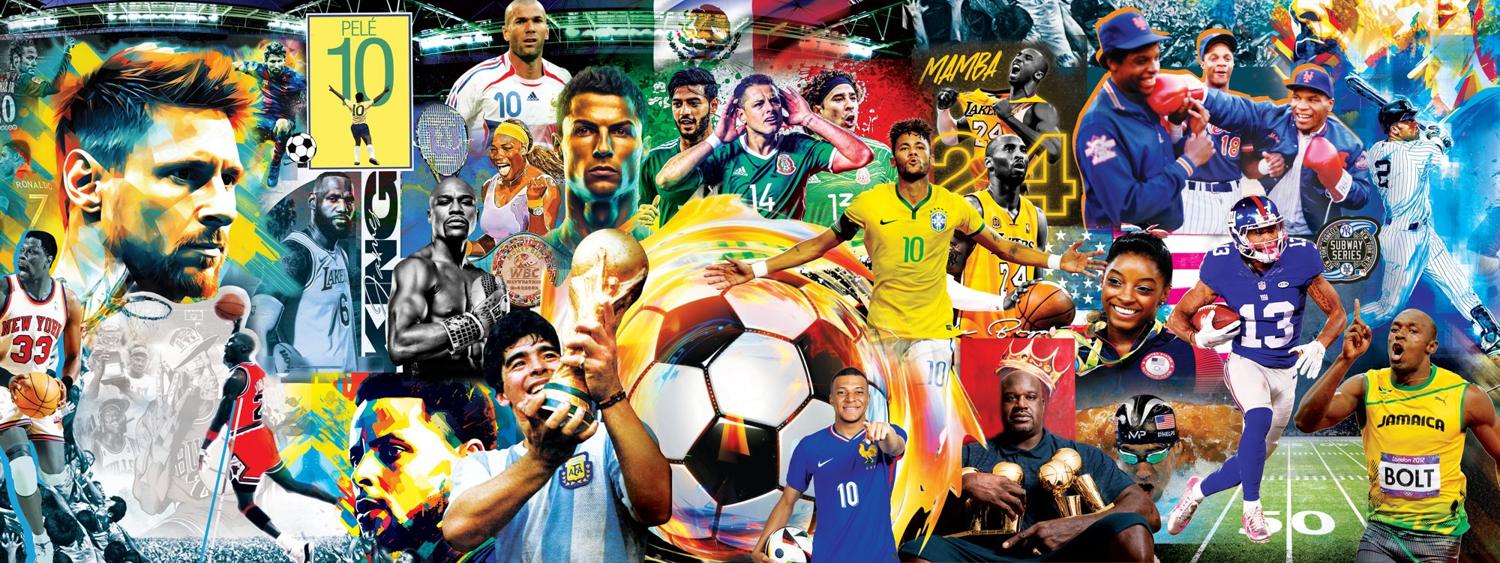 Panoramic sports legends collage mural