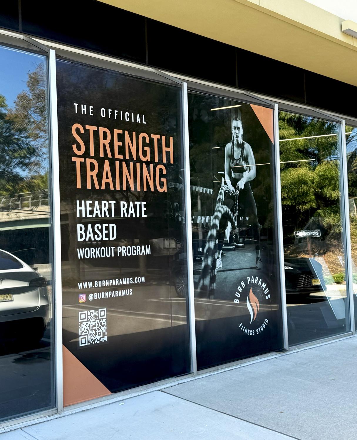Burn Paramus fitness studio storefront window graphics