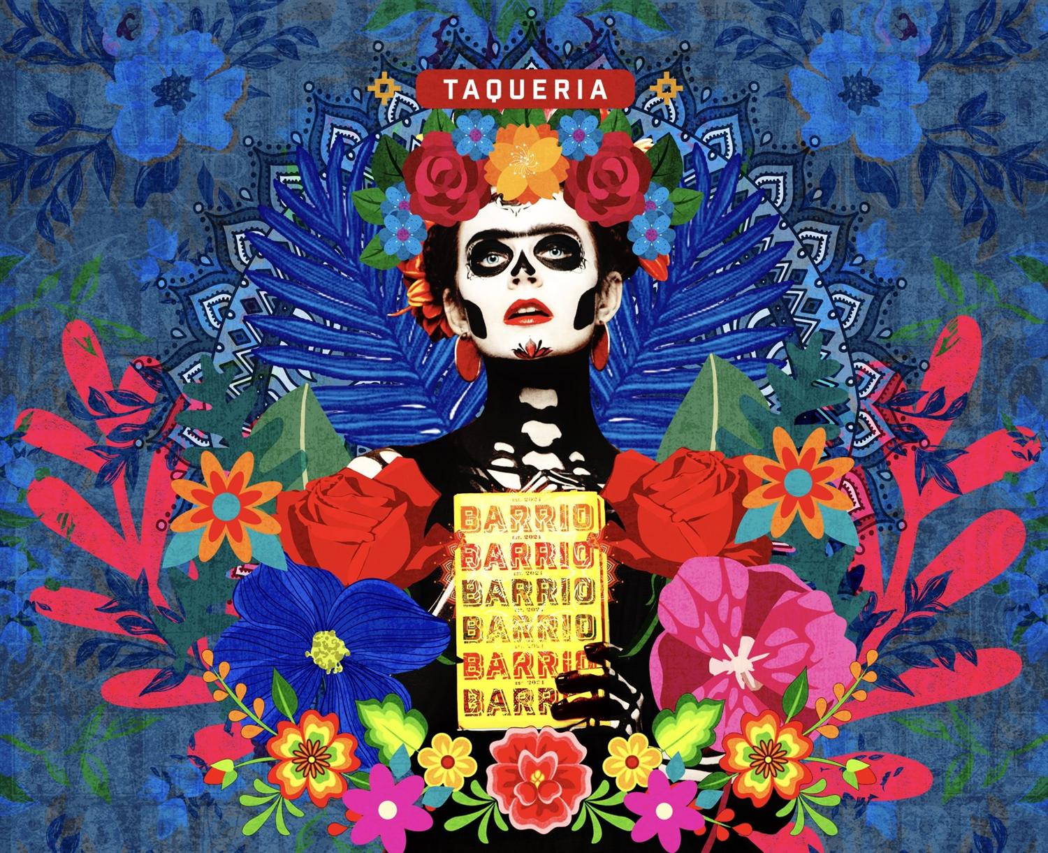 Day of the Dead inspired taqueria feature wall